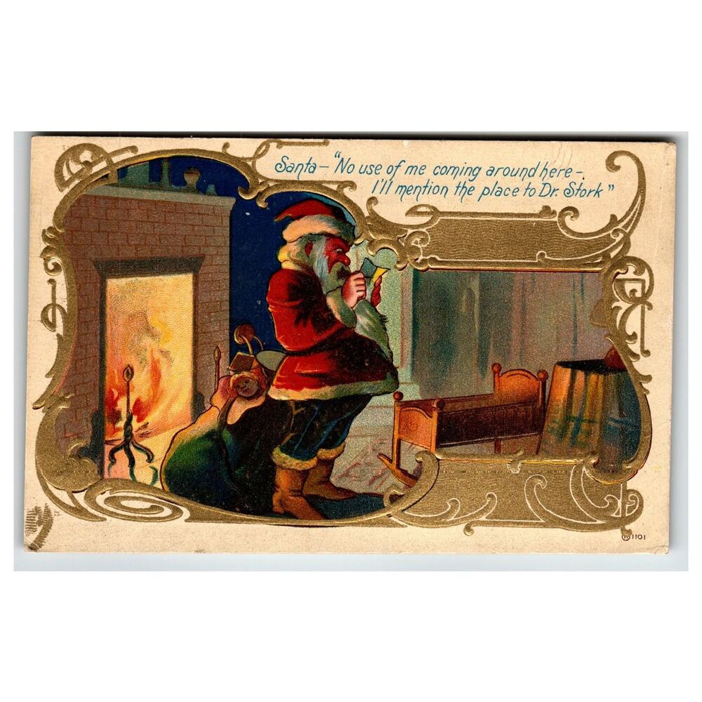 Vintage Santa Claus Dr. Stork Christmas Postcard W101 Embossed Holiday Humor